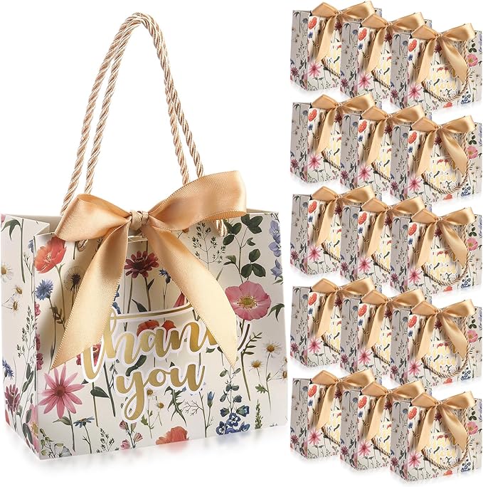 Moinchore 40 Pack Wildflower Thank You Gift Bags with Handles Small Thank You Party Favor Bags with Bow Wedding Welcome Tote for wedding Holiday Bridal Shower Party(Vintage Wild Floral)