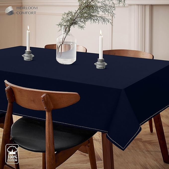 Navy Blue Table Cover, 100% Cotton Tablecloth 60x84 Inch, Fits 6-8 Seats, Soft, Durable, Washable, Wrinkle Resistant, Rectangle Table Cloth for Dining, Holiday Celebrations, Dinner