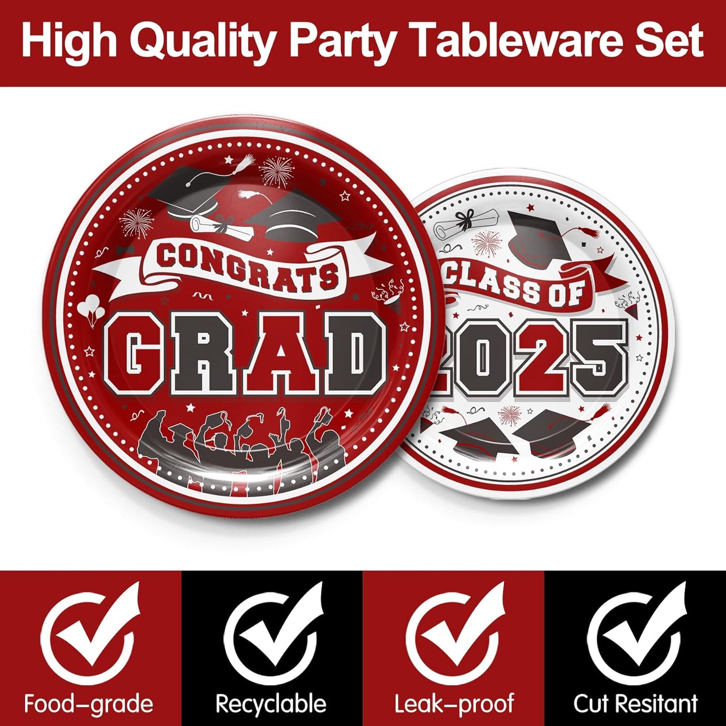 Graduation Decorations Class of 2025 - Graduation Party Supplies 2025 Include Plates, Cups, Napkins, Cutlery, 24 Guests (Maroon)
