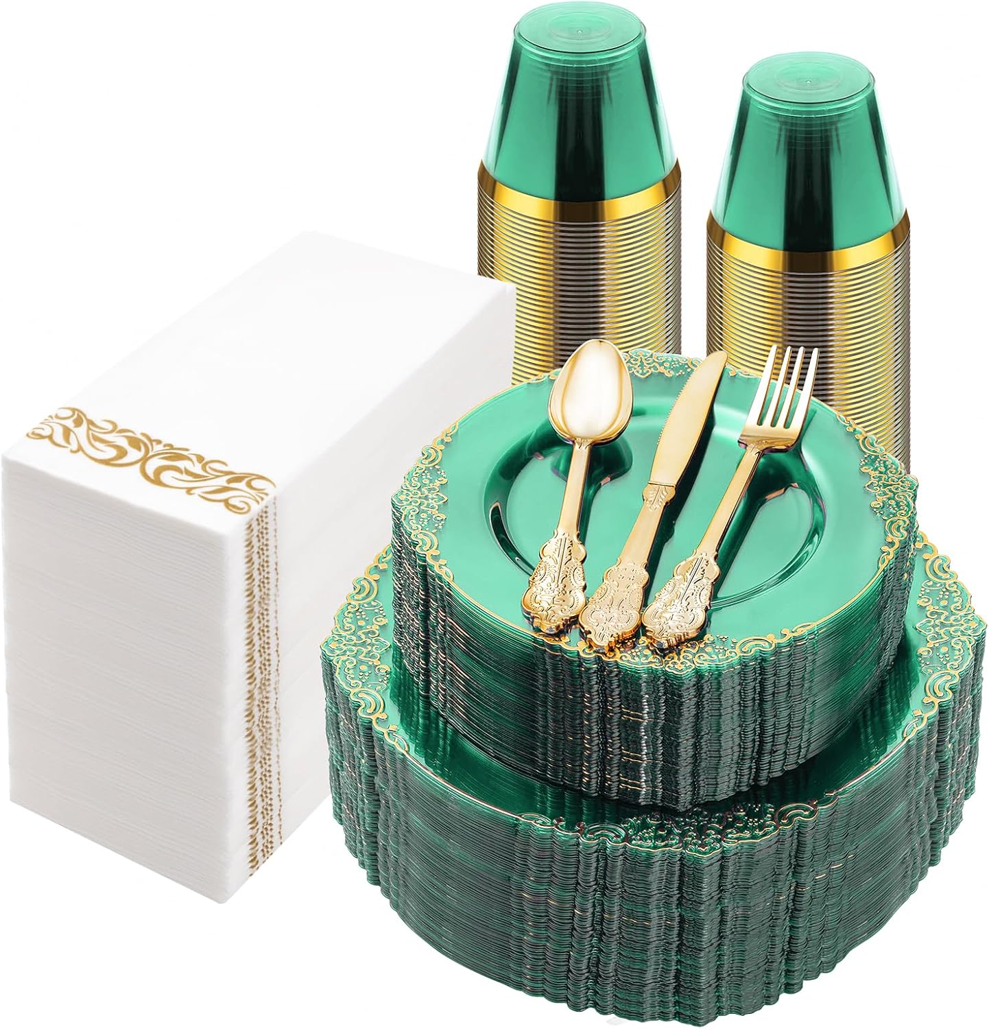 350PCS Clear Green Plastic Plates for 50 Guests, Disposable Plates with Gold Trim include 100 Dinner Plates, 150 Gold Silverware, 50 Cups, 50 Napkins for Party, Wedding and Graduation