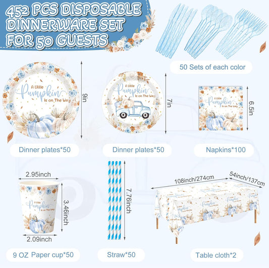 452 Pcs Little Pumpkin Baby Shower Decorations for 50, Blue A Little Pumpkin Is on the Way Paper Plates Napkins Cups Tablecloth Cutlery Straws for Autumn Fall Thanksgiving Party Supplies