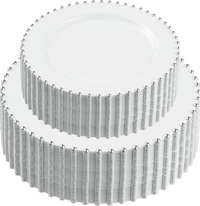 PLASTICPRO 128 Piece Combo Plastic Dinner Plates Disposable Plastic Fancy Heavy Duty Party Dishes 7 inch and 10 inch, White and Silver Beaded