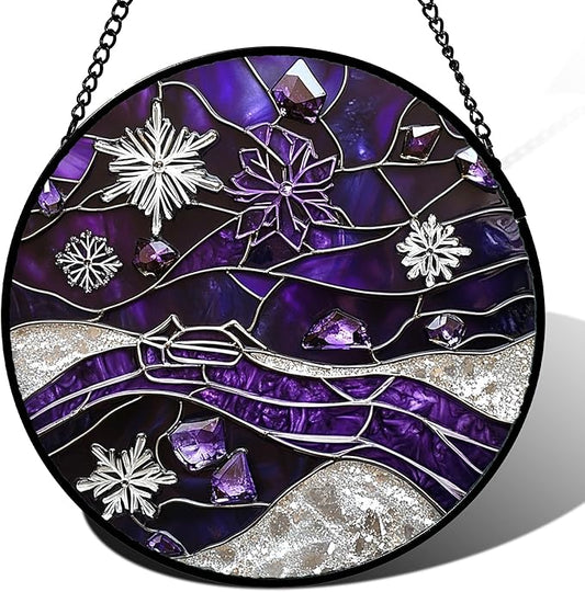 Stained Glass Window Hanging - Silver Purple Snowflakes Suncatcher for Doors Home Christmas Decoration Sun Catcher Thanksgiving New Year Birthday Gifts for Friend Women Men Mom Nana 9.8 in
