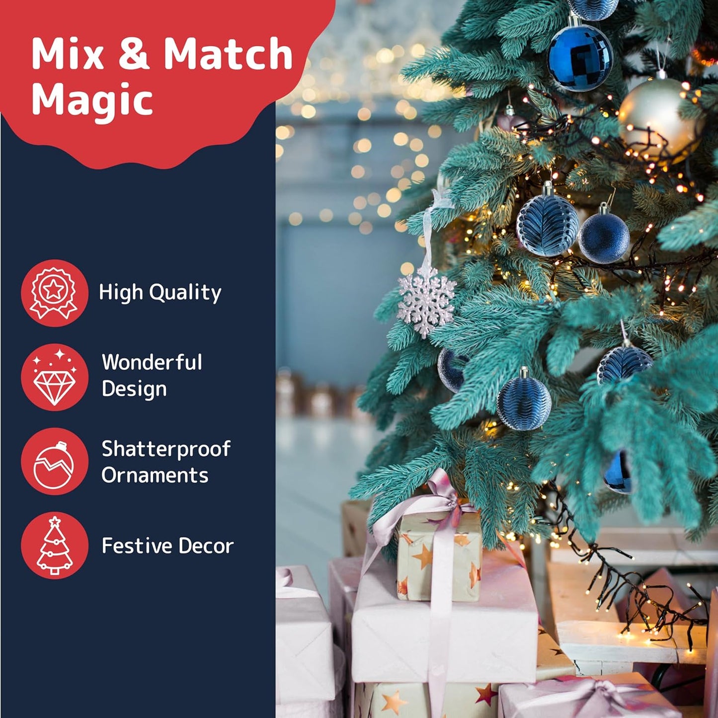 PREXTEX Shatterproof Christmas Ball Ornaments - 36pcs Blue Decorations with Hanging Loop in 6 Styles and 3 Sizes - Midnight Blue