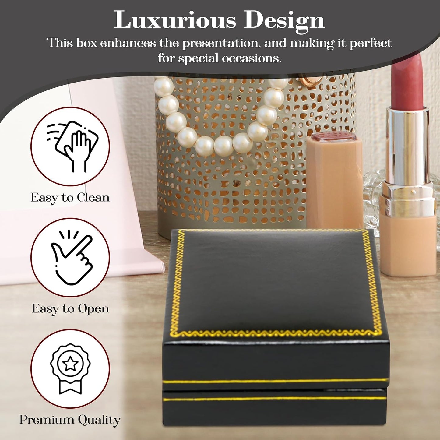 Novel Box Black Jewelry Box for Earrings Tree 2.5x2.75x1.62 Inches - Earring Gift Boxes with Gold Trim - Faux Leatherette Earring Storage Case - Gift Presentation Cases for Earrings Only