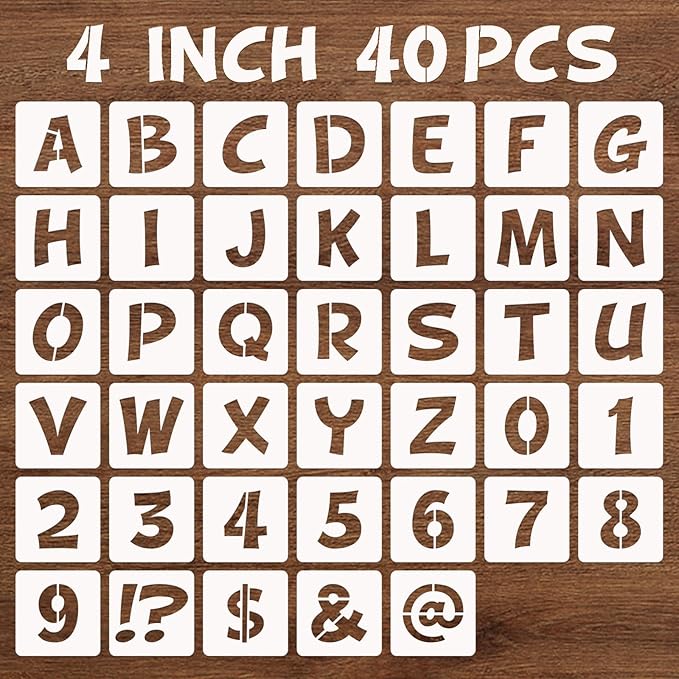 BAMIDELE 4 Inch Letter and Number Stencils, 40 Pcs Reusable Plastic Alphabet Spray Paint Stencils for Painting on Wood, Wall, Fabric, Rock, Chalkboard, Door Porch, Signage, DIY Craft Decoration