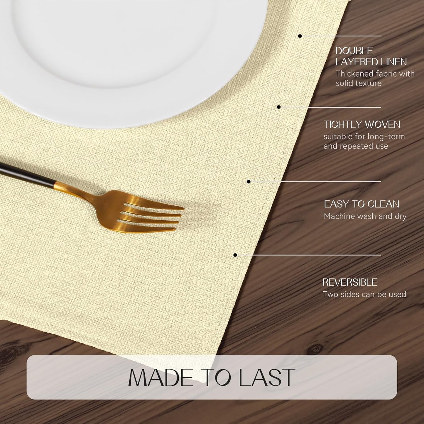 Romanstile Cloth Placemats Set of 4-12 x 18 Inch, Heat Resistant Double Layered Thickened Burlap Place Mats, Washable Linen Farmhouse Table Mats for Kitchen/Dining/Party/Outdoor, Cream
