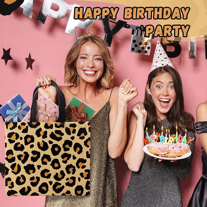 Abbylike 30 Pack Leopard Print Reusable Gift Bag Bulk Large Brown Animal Print Shopping Bag for Jungle Birthday Party Favor