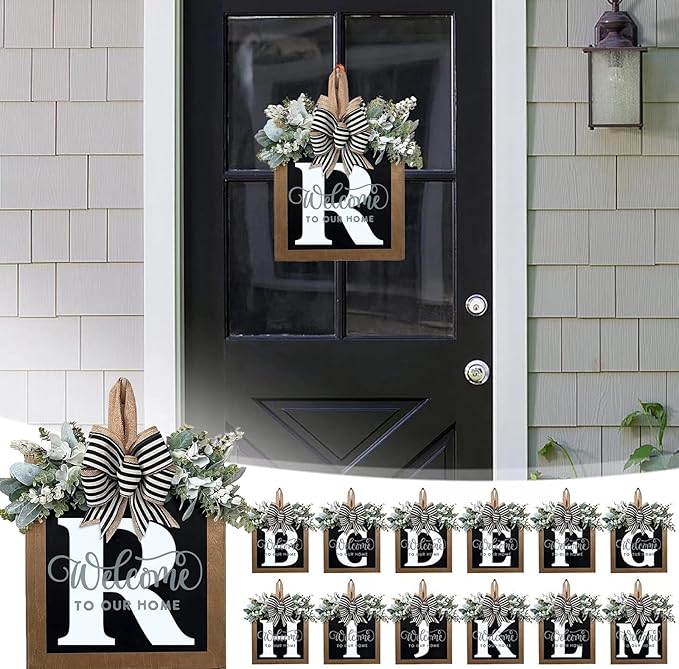 Last Name Year Round Front Door Wreath Front Porch Decoration 26 Letter Welcome Sign with Eucalyptus Garland and Bow Spring Wreaths for Front Door Outside Hanger Garland（R）