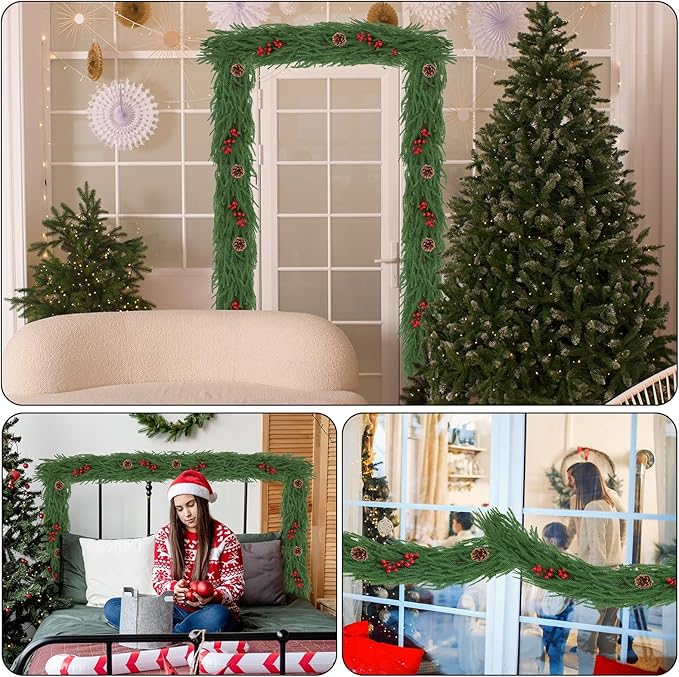 1 Pack 9FT Christmas Norfolk Pine Garlands with Pine Cone Real Touch Christmas Garland Artificial Greenery Garland for Fireplace, Table, Wall, Stairs, Outdoor Holiday Décor