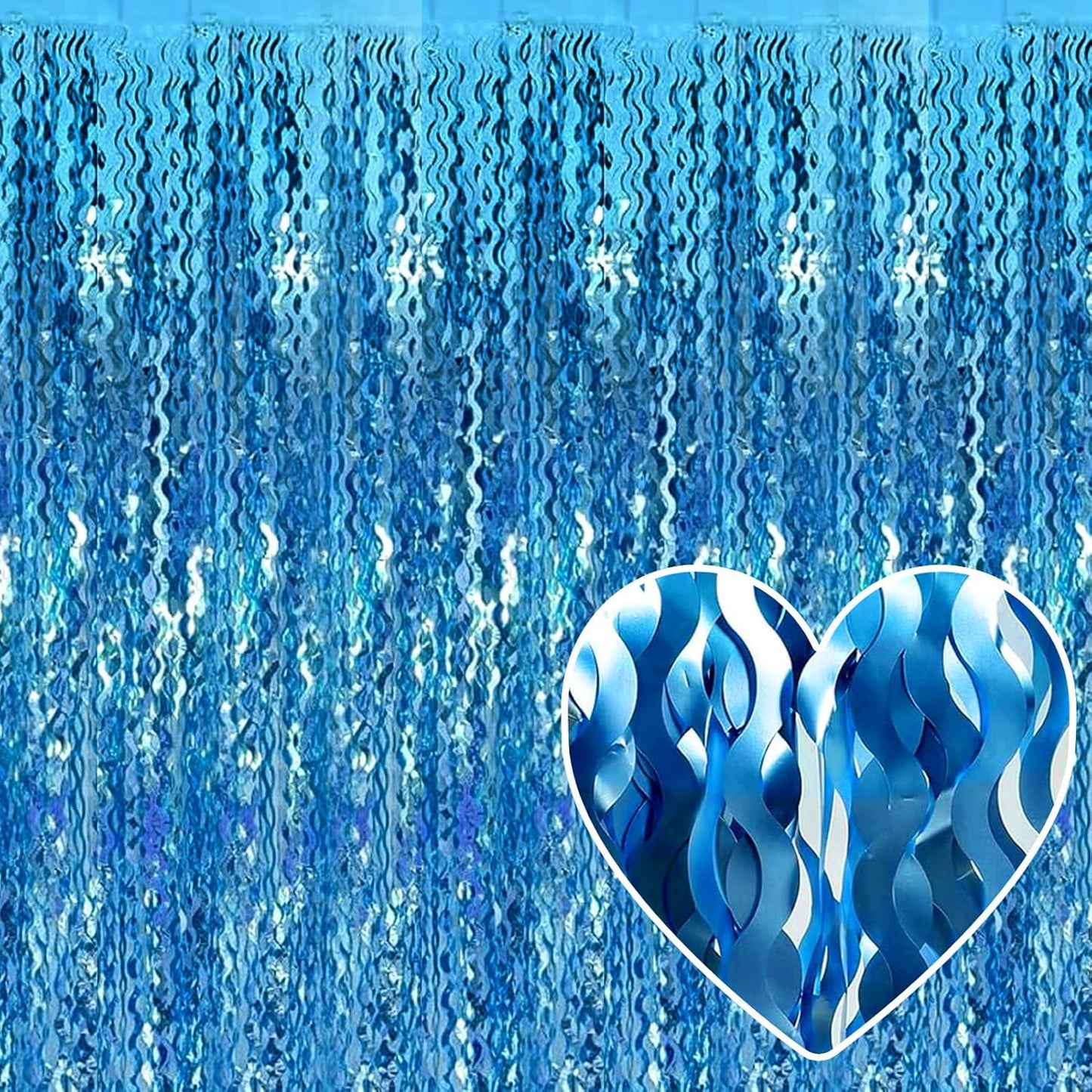 4 Pack Lake Blue Fringe Curtain Backdrop 3.2Ft x 8.2Ft Metallic Tinsel Foil Fringe Streamers Background for Photo Booth Mother's Day, Easter, Carnival, Birthday, Wedding Party Decoration