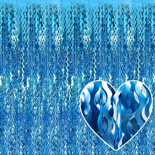 4 Pack Lake Blue Fringe Curtain Backdrop 3.2Ft x 8.2Ft Metallic Tinsel Foil Fringe Streamers Background for Photo Booth Mother's Day, Easter, Carnival, Birthday, Wedding Party Decoration