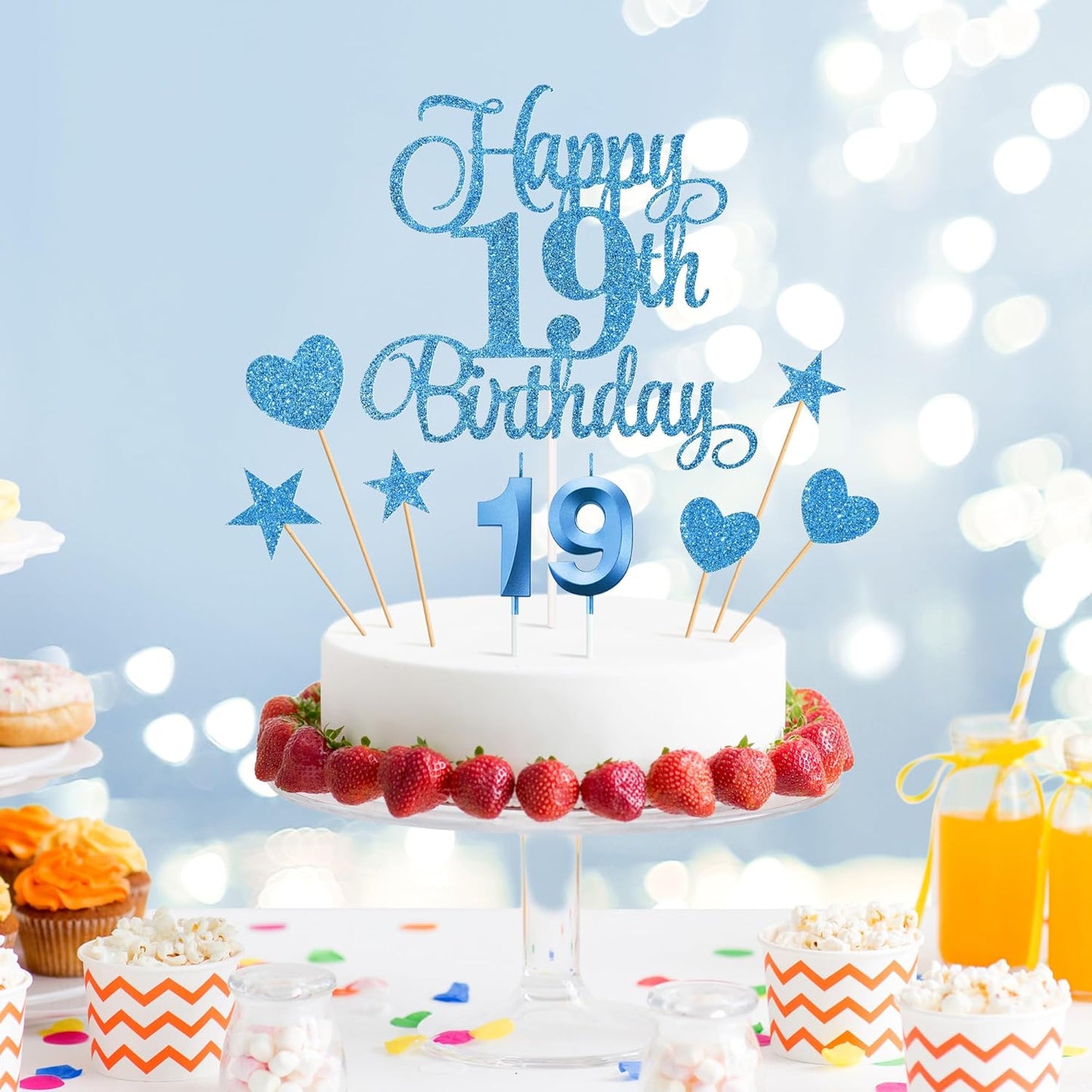 19th Birthday Cake Decorations, 19th Birthday Candles Cake Numeral Candles and Glitter Happy 19th Birthday Cake Toppers Set for Birthday Party Supplies (Blue)