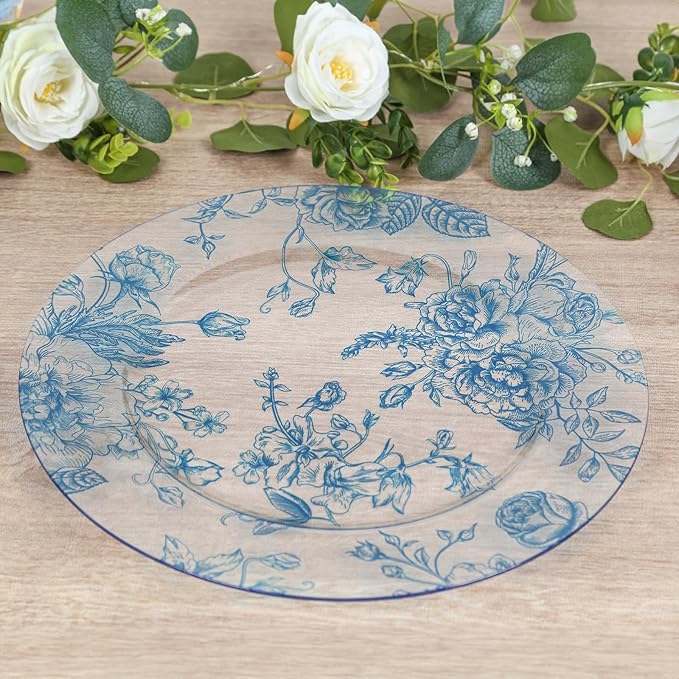 Efavormart 6 Pack Floral Acrylic Charger Plates in French Toile Pattern, Clear Light Blue Round Dinner Charger Event Tabletop Decor - 13"