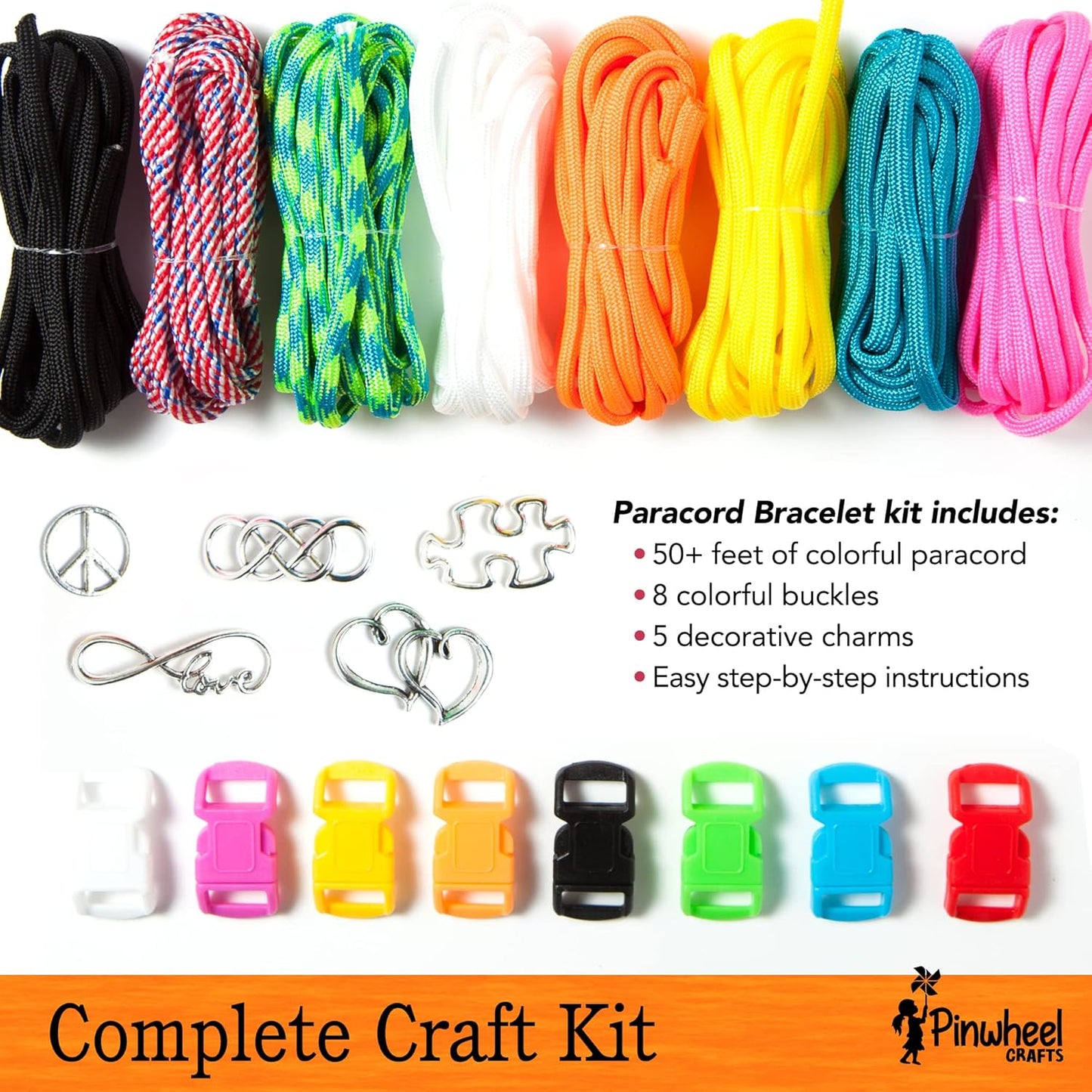 Pinwheel Crafts Paracord Bracelet Kit - DIY Kids Crafts, Paracord Bracelet w/Sturdy Buckle & Paracord 550 Cord - 8 Colorful Friendship Bracelets Gifts - Jewelry Making Kit for Girls 8-12 Years Old