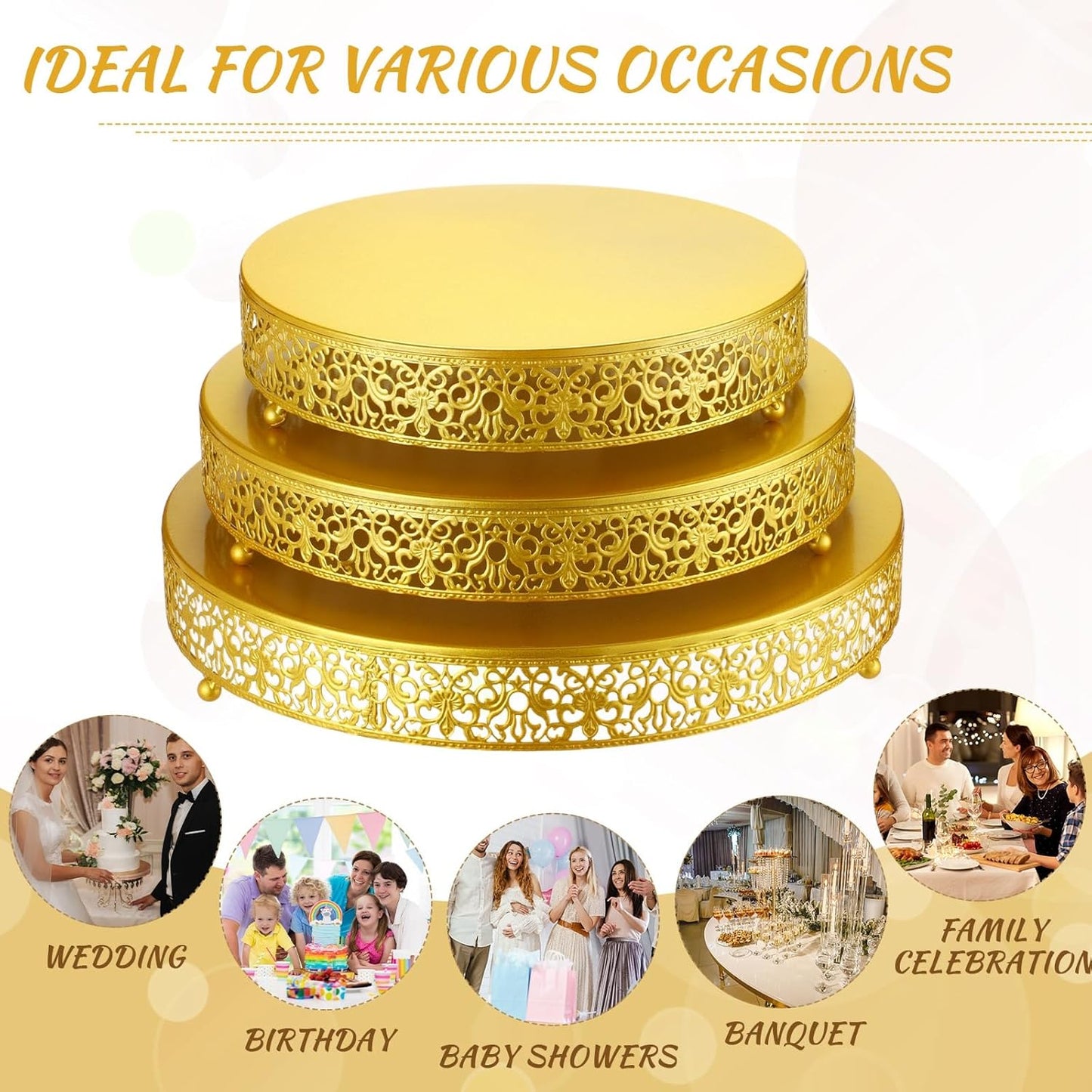 Wenqik 3 Pcs 16'' 14'' 12'' Metal Gold Cake Stand Round Cake Stands for Dessert Table Cookies Fruit Serving Tray Cupcake Dessert Pastry Riser for Wedding Birthday Party and Events