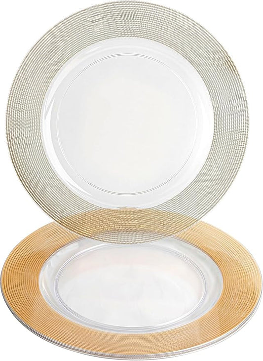 PARTY BARGAINS 13-Inch Charger Plates - 4 Pack, Clear Gold Rope Textured Rim, Heavy-Duty Disposable Chargers for Elegant Dining - Ideal for Weddings and Formal Events