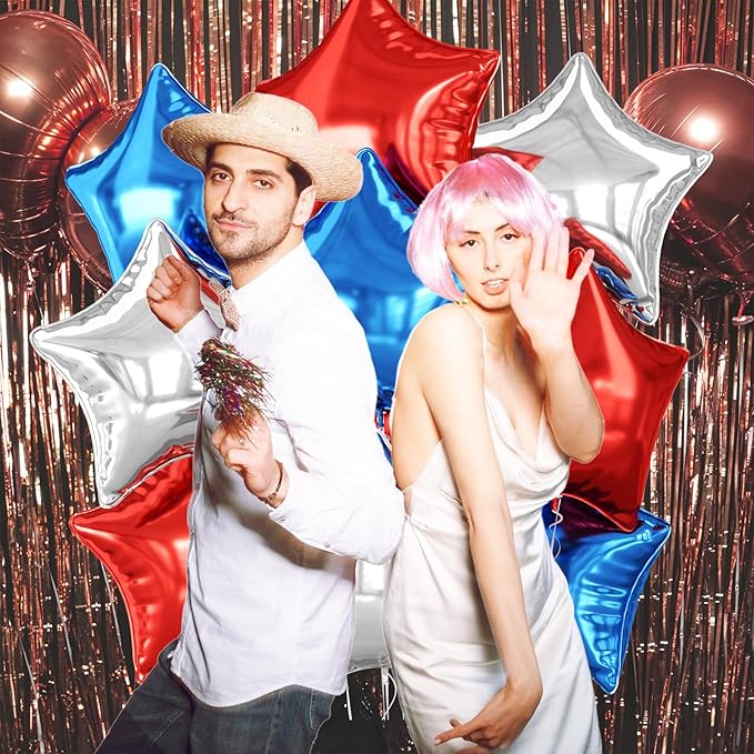 Red Blue Silver Star Foil Balloons, 10PCS Foil Stars Shape Balloon, 18 Inch Red and Black Stars Balloons for Helium Pentagram Balloon for Kids Boys Birthday, Anniversary, 4th of July Party Decoration