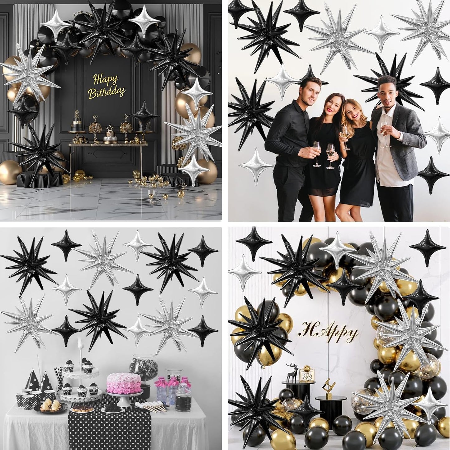 Black Silver Star Balloon,Black Silver 6Pcs 22Inch Explosion Star Balloons and 10Pcs 10Inch Four Angle Balloons Kit for Birthday Anniversary Baby Shower Wedding Party Decorations