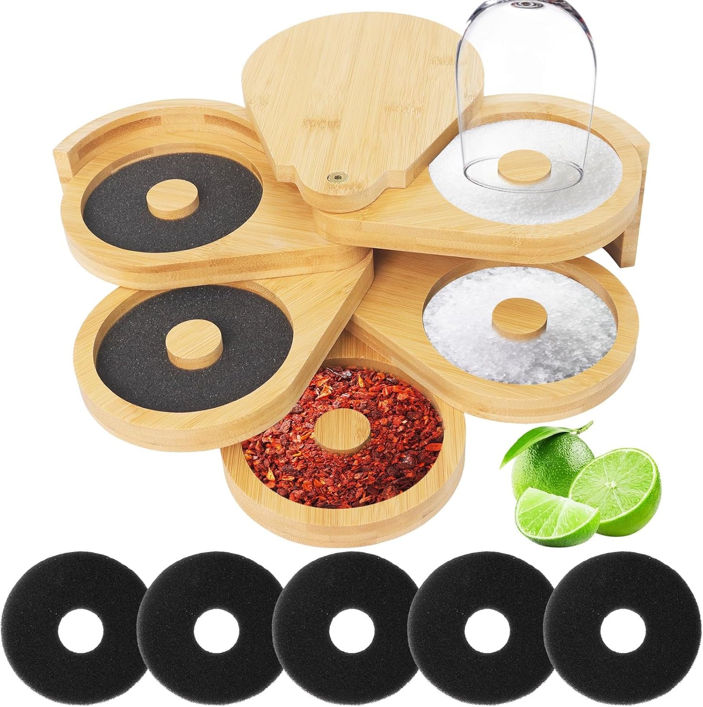 Bamboo 5-Tier Margarita Salt Rimmer Set with Swivel Lids & 5 Sponges – Cocktail Glass Rimmer for Home Bar, Bartender & Party Drinks, Eco-Friendly Design