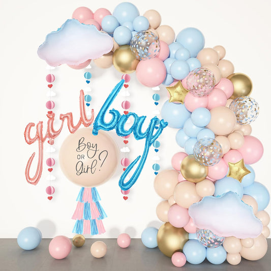 Ouddy Party Gender Reveal Decorations, Pastel Pink and Blue Nude Confetti Balloons Arch Kit Star Hanging Cloud Garland Paper Tassels He or She Boy or Girl Gender Reveal Baby Shower Party Supplies