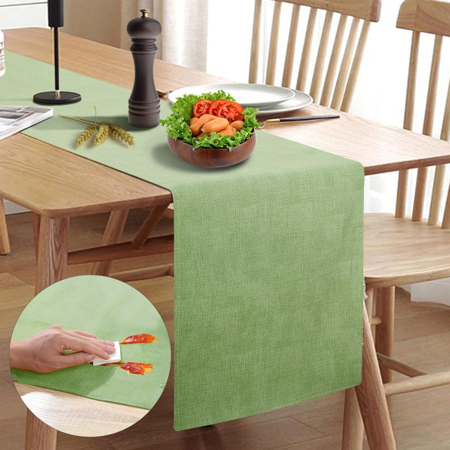 Wipeable Table Runner, Thick Farmhouse Dresser Runner, Rustic for Kitchen, Bedroom, Living Room, Indoor and Outdoor (108'', Green)