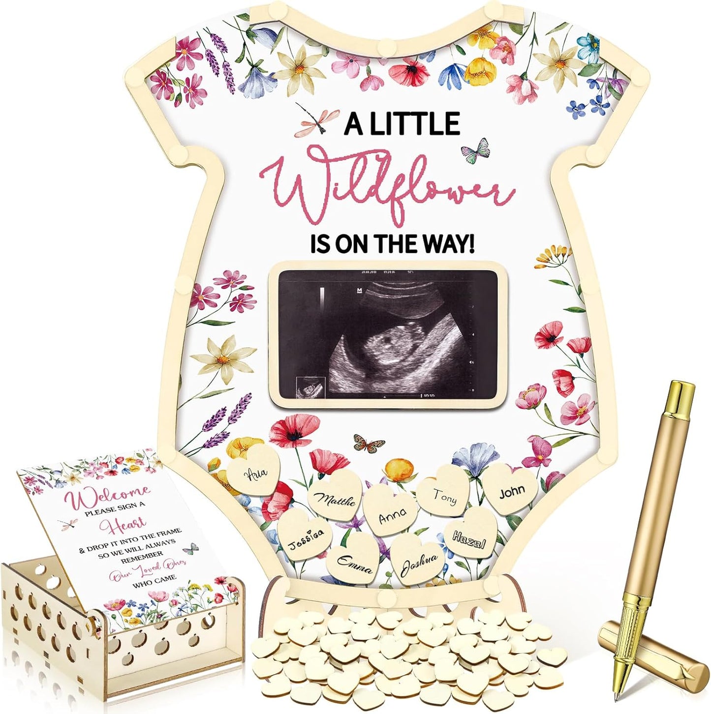 Wenqik 63 Pcs Wildflower Baby Shower Guest Book Alternatives Set Baby Shower Decorations with Photo Frame Sonogram Frame Keepsake 60 Wood Slices Guest Book for Birthday