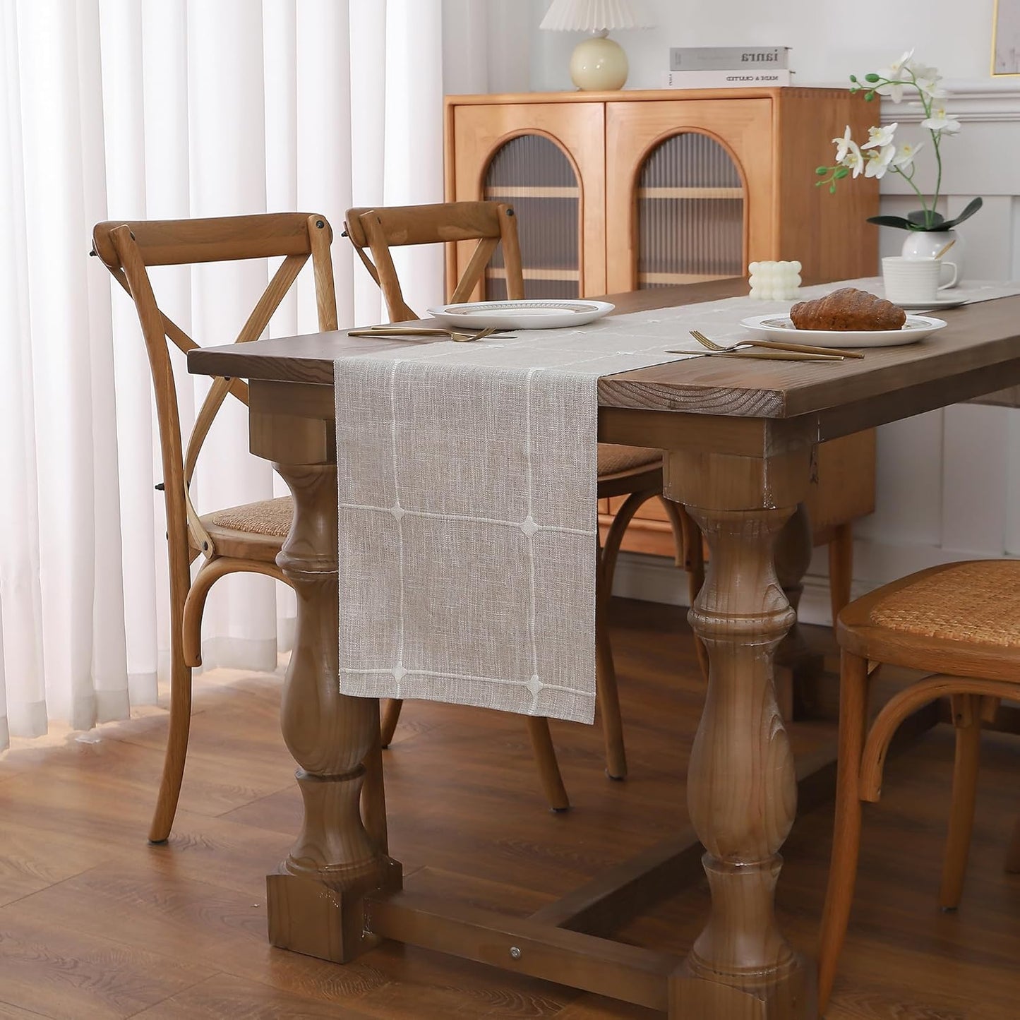 Gernaice Boho Table Runner, Modern Plaid Cotton Linen Farmhouse Table Runners for Holiday Wedding Dining Living Room Bedroom Home Decor, 90" L X 13" W Brown