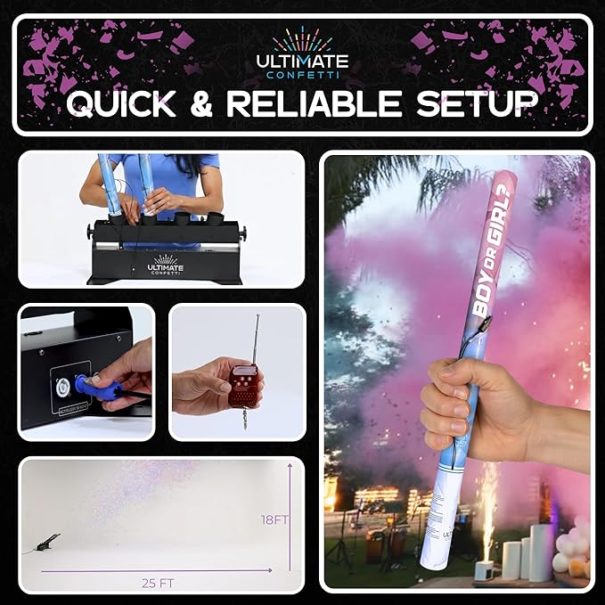 Ultimate Confetti - Electric Pink Powder Cannon Cartridge 24” - Pre-Filled with Food-Grade Powder, Leak-Resistant Gender Reveal Poppers Cannon, Requires EC-1 or EC-4 Confetti Machine to Activate