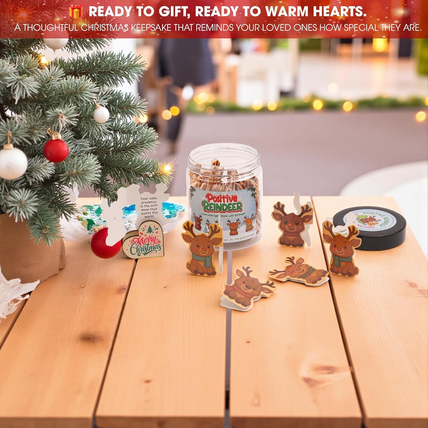 Positive Reindeer Jar, Cute Holiday Affirmation Cards, for Women & Teens, Stocking Stuffers for Teen Girls, White Elephant Gift Ideas, Inspirational Christmas Decor