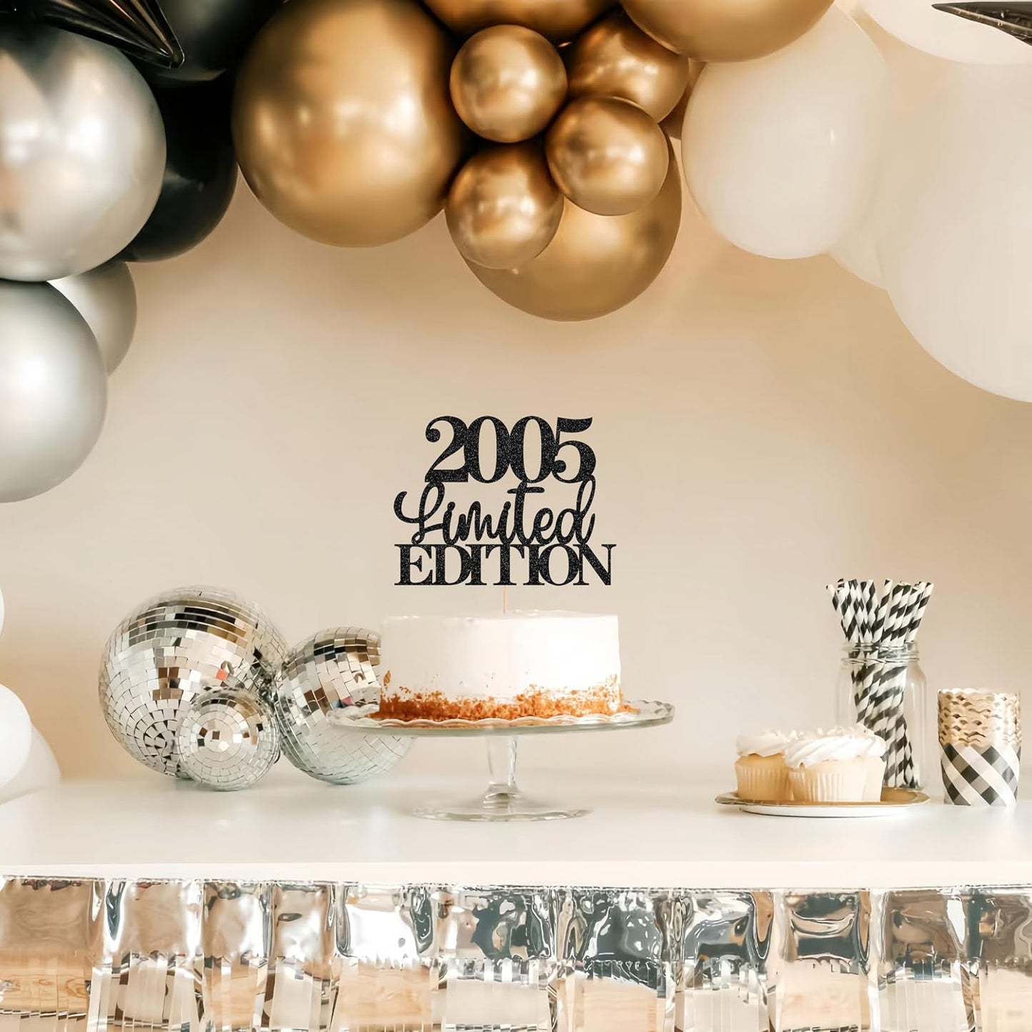 Limited EDITION 2005 Cake Topper - Black Glitter Happy 20th Birthday Party Cake Decoration Supplies, Cheer to 20 Years Cake Bunting Decor for 20th Birthday Party Photo Booth Props