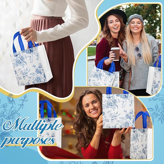 HunnmingRe 30 Pcs Blue Floral Gifts Bags Chinoiserie Wedding Welcome Bag Bulk Reusable Non Woven Tote Handbag for Bridal Baby Shower Birthday Tea Party Supplies