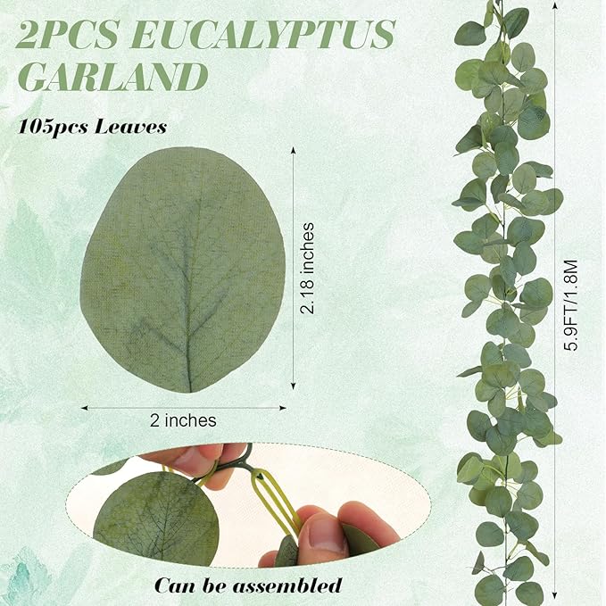 2 Pack Natural-Looking Eucalyptus Garland 5.9 Ft Artificial Eucalyptus Leaves Table Greenery Garland for Wedding Backdrop Table Arch Wall Indoor Outdoor Home Party Decor