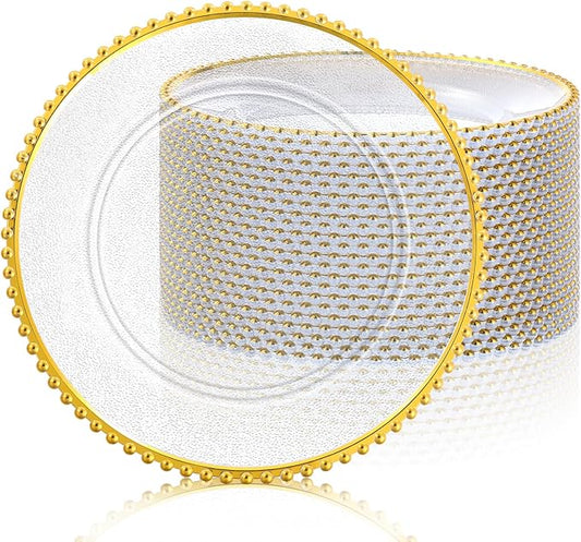 Hoolerry 12 Pack Clear Charger Plates Bulk 13 Inch Plastic Round Beaded Dinner Chargers Acrylic Frosted Grain Decorative Service Plates for Wedding Party Event, Home and Kitchen Tabletop (Gold)