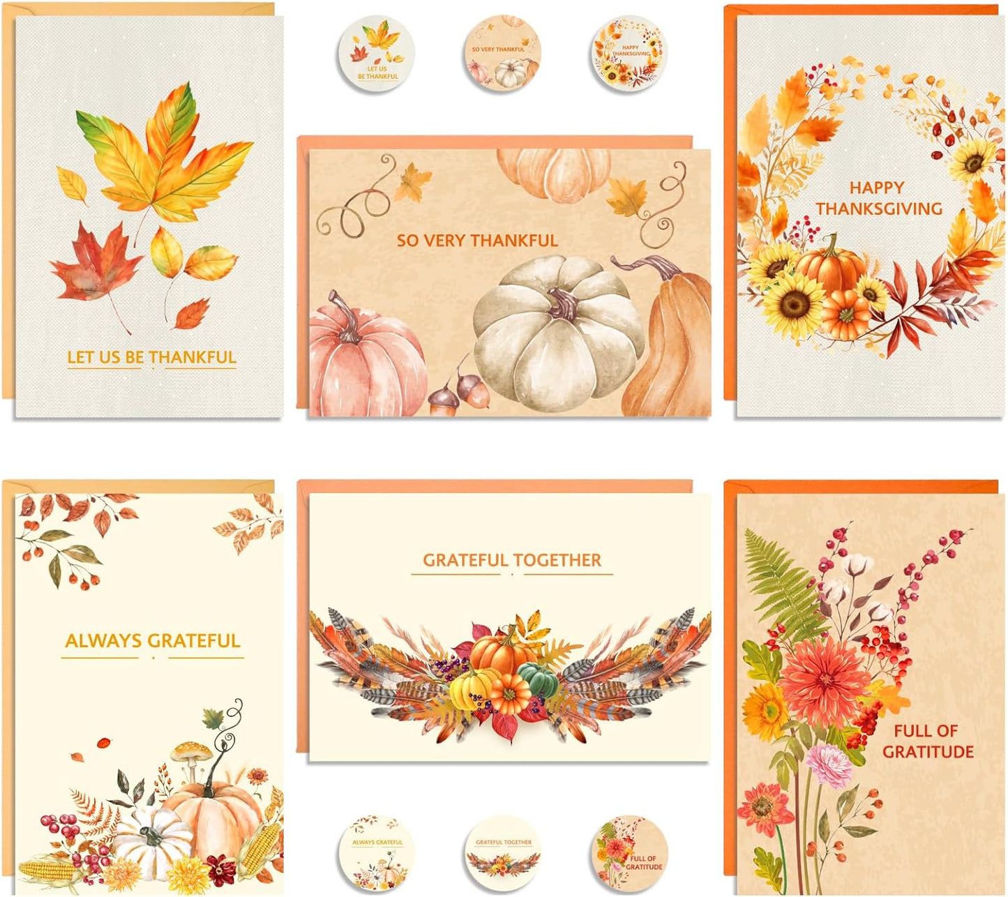 24 Pack Thanksgiving Cards with Envelopes, 4 x 6 in Bulk Thanksgiving Cards with Stickers, 6 Designs Thanks & Blessings Greeting Card Boxed for Fall Autumn Holiday Happy Harvest Party