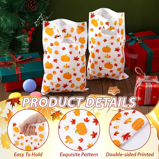Supervitae 100 Pcs Fall Plastic Gift Bags Thanksgiving Party Favor Bags Bulk Pumpkin Maple Leaves Goodie with Handle for Autumn Party Supplies
