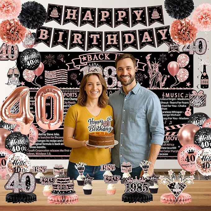 40th Birthday Decorations for Women – 59pcs Back in 1985 Party Supplies Backdrop, Banner, Honeycomb Centerpieces, Hanging Swirls, Foil & Latex Balloon, Cake & Cupcake Toppers, Sash, Pom Poms, Crown