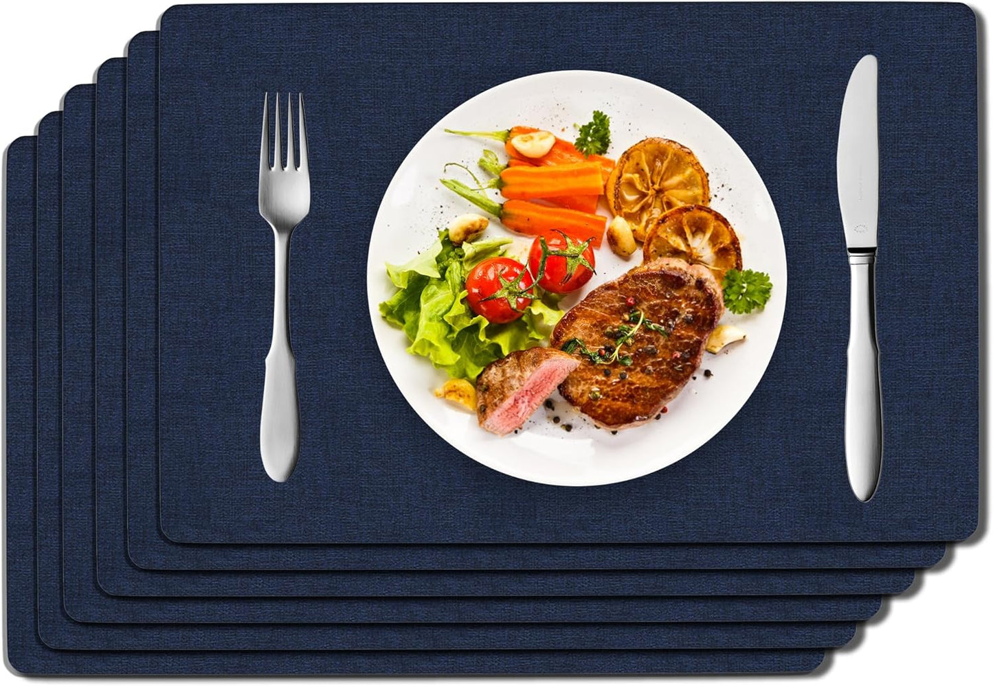 DOLOPL Placemats Set of 6, Navy Blue Faux Leather Heat Resistant Place Mats for Dining Table, Waterproof Oilproof Wipeable Washable Table Mats, Easy to Clean Anti-Slip Tablemats for Kitchen, Party