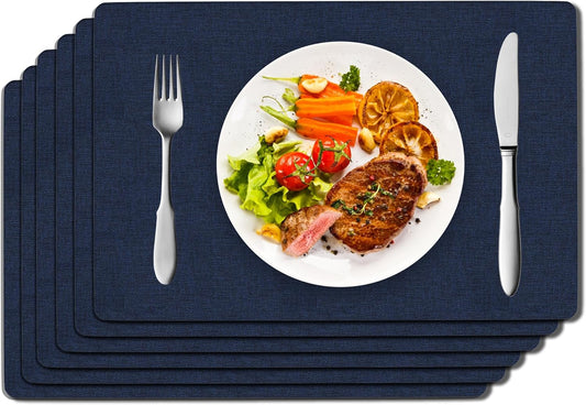DOLOPL Placemats Set of 6, Navy Blue Faux Leather Heat Resistant Place Mats for Dining Table, Waterproof Oilproof Wipeable Washable Table Mats, Easy to Clean Anti-Slip Tablemats for Kitchen, Party