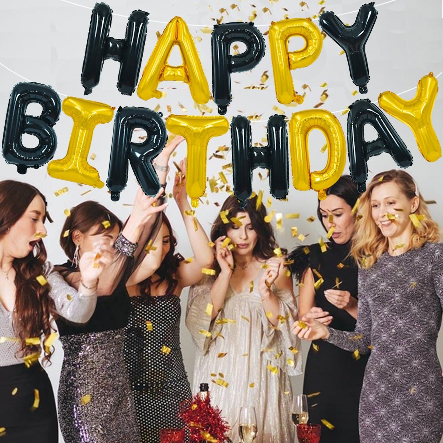 TONIFUL Happy Birthday Balloons Banner with Ribbon Straw, 16 Inch Mylar Letters Birthday Sign Banner Balloon Bunting Reusable for Girls Boys Kids & Adults Birthday Halloween Supplies（Black Gold）
