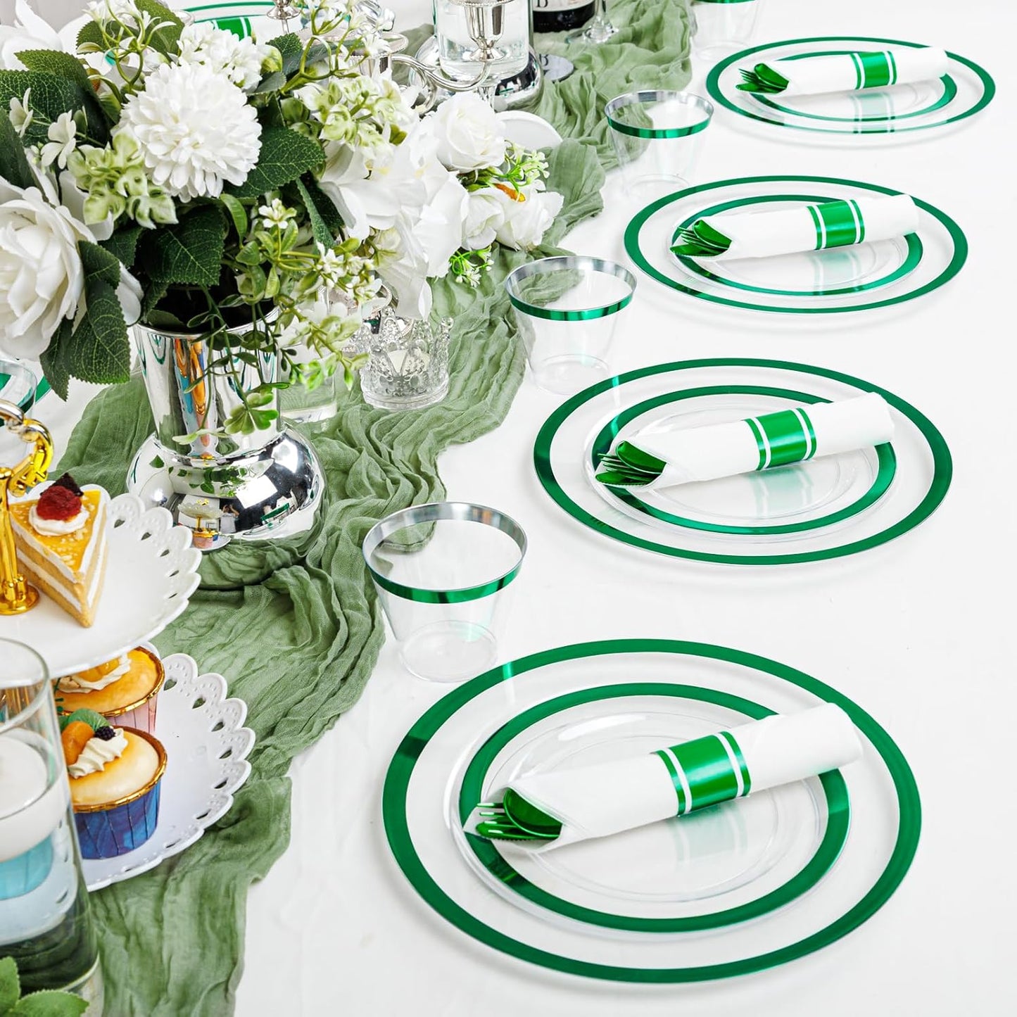 I00000 350 Pcs Green Plastic Plates-Clear Dinnerware Set for St. Patrick's Day Spring Decor,Include 100 Dinner and Dessert Plates,50 Plastic Cups 9 OZ,50 Per Rolled Napkins with Cutlery