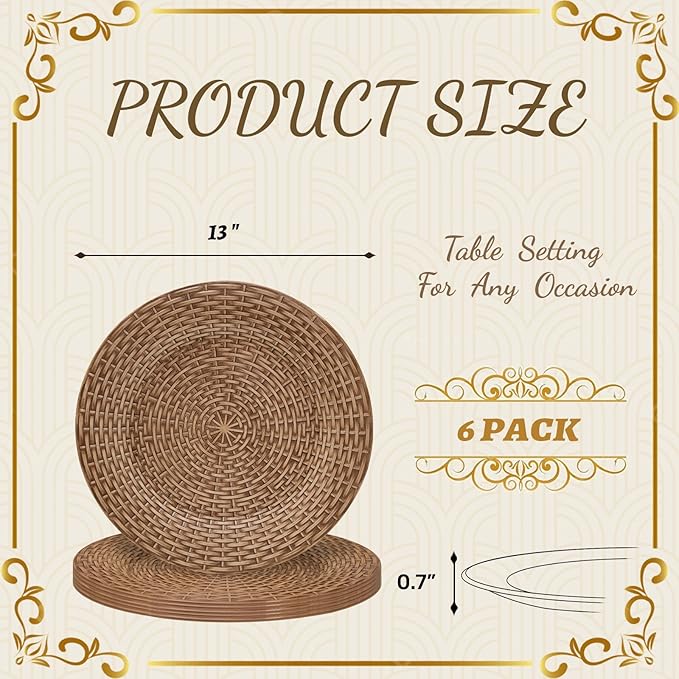MAONAME Faux Rattan Charger Plates Set of 6, Table Chargers for Dinner Plates, 13" Round Brown Plate Chargers, Plastic Charger for Table Setting, Wedding Decor