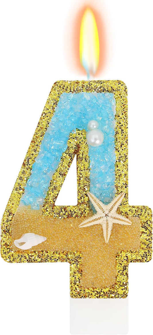 Ocean Number 4 Candle, Glitter Gold Beach Starfish Cake Topper, Tropical Ocean Princess Birthday Decorations for Party Supplies Wedding Anniversaries