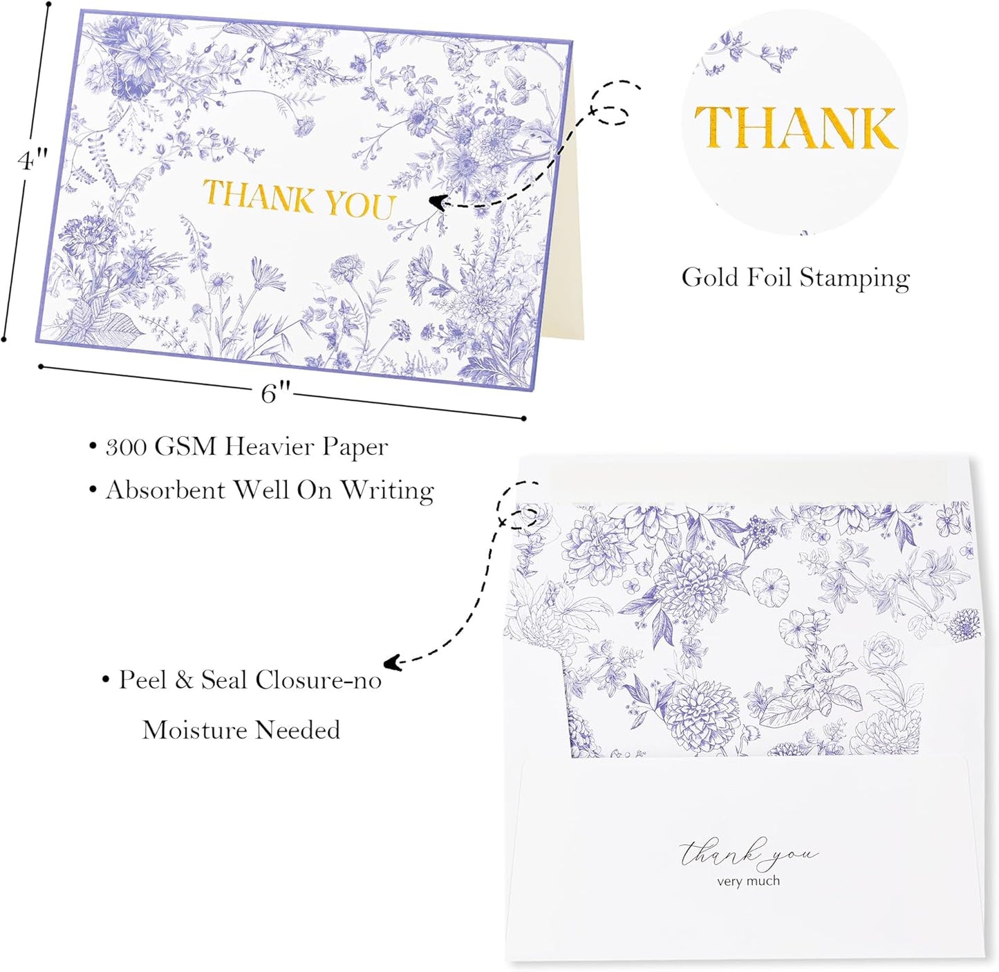 Crisky Purple Floral Thank You Cards with Envelopes and Stickers, 50 Pack Lavender Wedding Thank You Notes Bulk for Bridal Shower Baby Shower Business Graduation, All Occasion