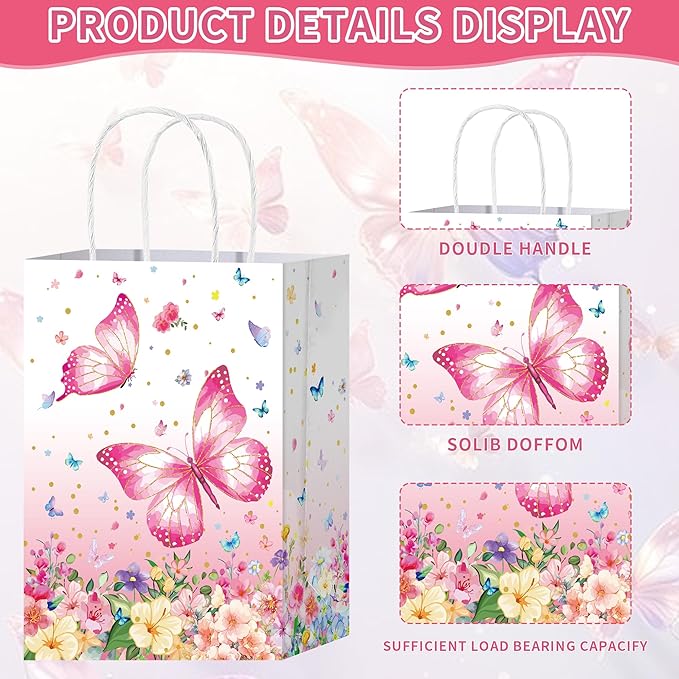 HongXingHai 16Pcs Butterfly Party Favors Gift Goodie Bags Pink Purple Flowers Treat Candy Small Floral Paper Bags with Handles for Kids Birthday Party (Butterflies, 16)