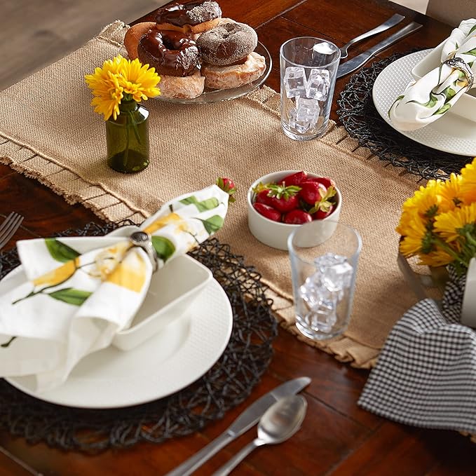 DII Jute Burlap Collection Kitchen Tabletop, Table Runner, 14x72, Ruffle Trim Natural