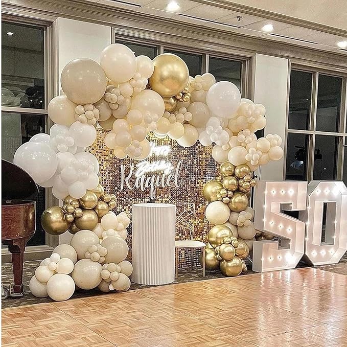 412pcs Sand White Gold Balloon Arch Kit, 18 12 10 5 Inch Different Size White Metallic Gold Latex Balloon for Boho Neutral Baby Shower Wedding Bridal Shower Birthday Decorations