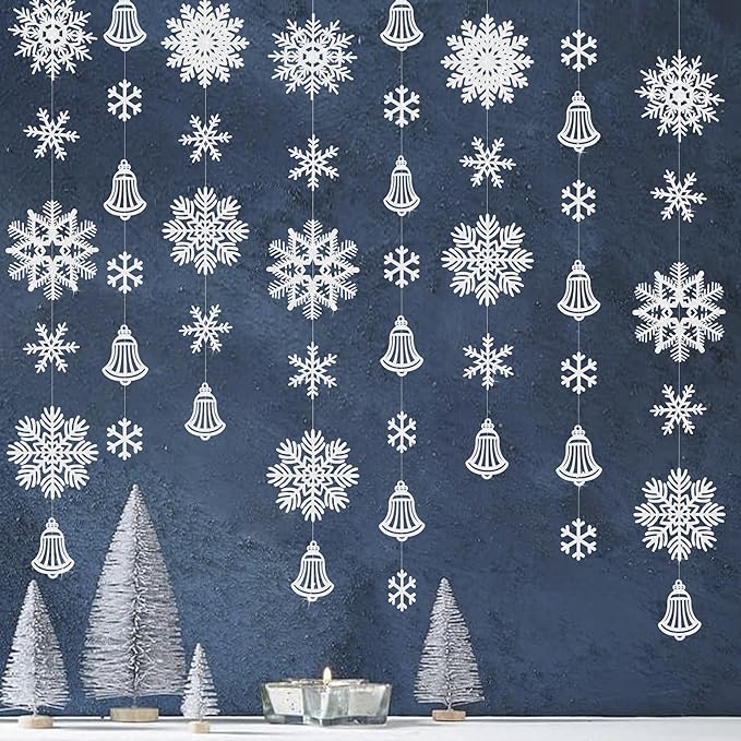 40Ft Snowflakes Party Decoration White Snowflakes Bell Garland Glitter White Paper Big Snowflakes Hanging Streamer Backdrop for Winter Wonderland Christmas Holiday Birthday Home Window Wall Room Decor