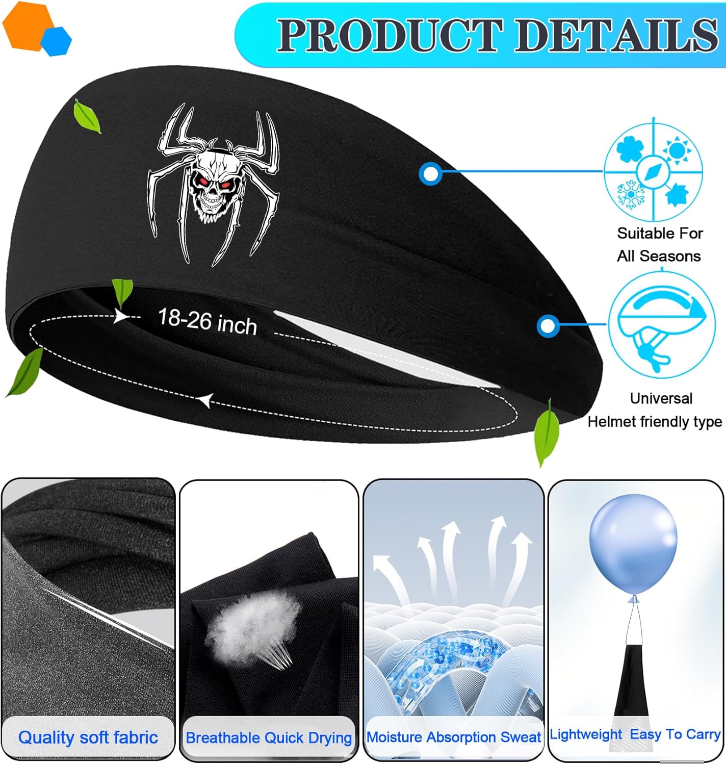Headbands for Men 3 Pack Sport Sweat Bands Headbands Men Skull Finger Workout Sweatbands for Mens Women Head Bands Cooling Running Men's Hairband Headband
