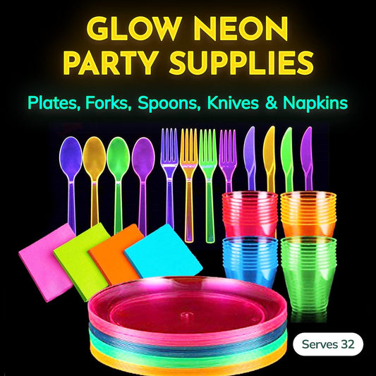 Kedudes Neon Glow Party Supplies, Serves 32 - Hard Plastic Disposable Party Neon Plates, Napkins, Neon Cups Tumblers, Cutlery - Forks, Knives, Spoons - Neon Party Decorations - Fiesta Party Supplies
